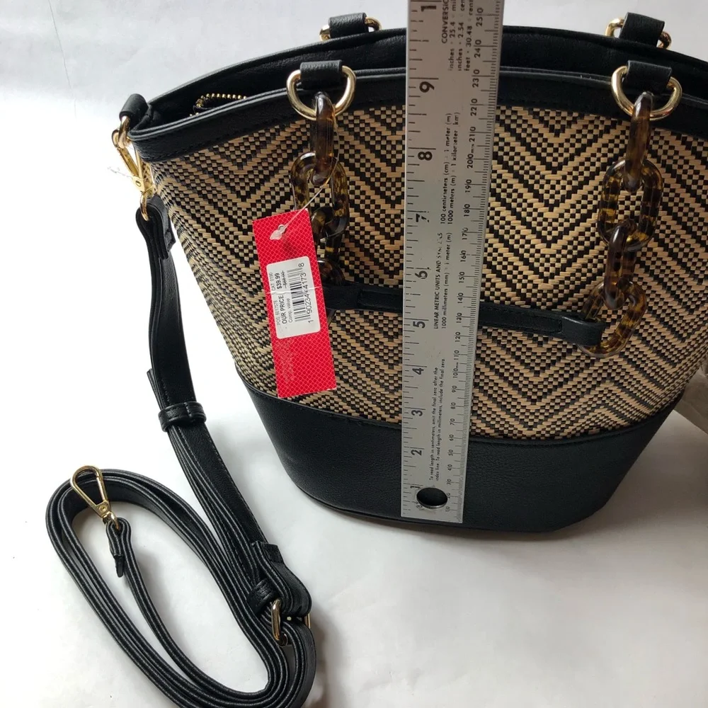 Kelly & Katie Black and Tan Woven Satchel with Tortoiseshell Chain